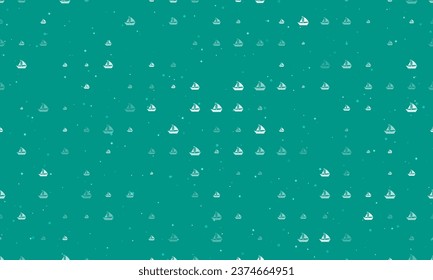 Seamless background pattern of evenly spaced white sailing boat symbols of different sizes and opacity. Vector illustration on teal background with stars