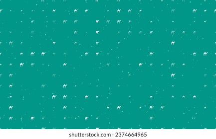 Seamless background pattern of evenly spaced white camel symbols of different sizes and opacity. Vector illustration on teal background with stars
