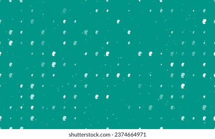 Seamless background pattern of evenly spaced white woman face profile symbols of different sizes and opacity. Vector illustration on teal background with stars