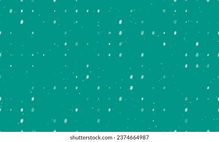 Seamless background pattern of evenly spaced white hash symbols of different sizes and opacity. Vector illustration on teal background with stars