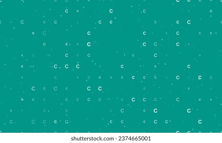 Seamless background pattern of evenly spaced white capital letter C symbols of different sizes and opacity. Vector illustration on teal background with stars