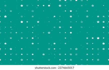 Seamless background pattern of evenly spaced white maple leaf symbols of different sizes and opacity. Vector illustration on teal background with stars