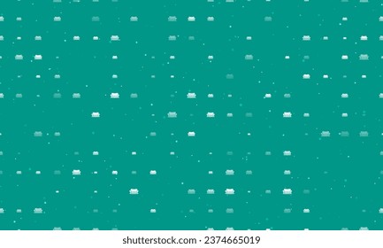 Seamless background pattern of evenly spaced white sofa symbols of different sizes and opacity. Vector illustration on teal background with stars