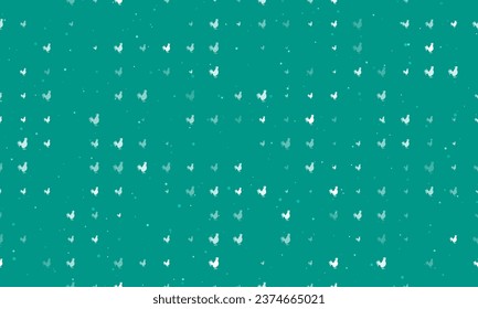 Seamless background pattern of evenly spaced white rooster symbols of different sizes and opacity. Vector illustration on teal background with stars