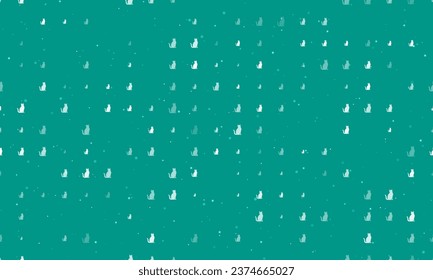 Seamless background pattern of evenly spaced white cat icons of different sizes and opacity. Vector illustration on teal background with stars