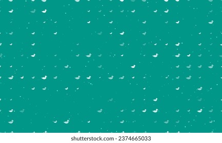 Seamless background pattern of evenly spaced white duck symbols of different sizes and opacity. Vector illustration on teal background with stars