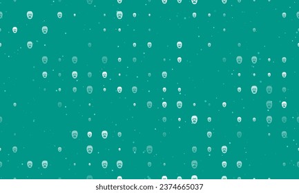 Seamless background pattern of evenly spaced white gorilla heads of different sizes and opacity. Vector illustration on teal background with stars