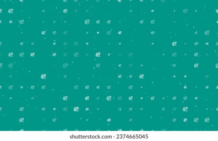 Seamless background pattern of evenly spaced white tiger symbols of different sizes and opacity. Vector illustration on teal background with stars