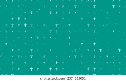 Seamless background pattern of evenly spaced white giraffe head symbols of different sizes and opacity. Vector illustration on teal background with stars