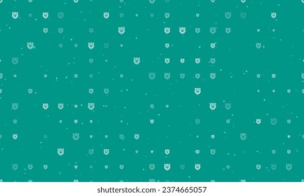 Seamless background pattern of evenly spaced white tiger head symbols of different sizes and opacity. Vector illustration on teal background with stars