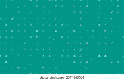Seamless background pattern of evenly spaced white giraffe symbols of different sizes and opacity. Vector illustration on teal background with stars