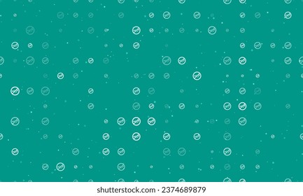Seamless background pattern of evenly spaced white horning prohibited signs of different sizes and opacity. Vector illustration on teal background with stars