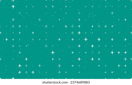 Seamless background pattern of evenly spaced white airplane symbols of different sizes and opacity. Vector illustration on teal background with stars