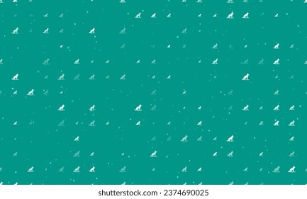 Seamless background pattern of evenly spaced white wild wolf symbols of different sizes and opacity. Vector illustration on teal background with stars