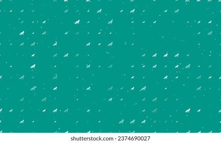 Seamless background pattern of evenly spaced white wolf symbols of different sizes and opacity. Vector illustration on teal background with stars
