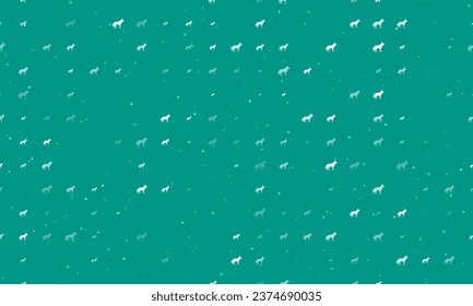 Seamless background pattern of evenly spaced white wolf symbols of different sizes and opacity. Vector illustration on teal background with stars