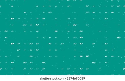 Seamless background pattern of evenly spaced white rhinoceros symbols of different sizes and opacity. Vector illustration on teal background with stars