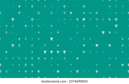 Seamless background pattern of evenly spaced white elephant heads of different sizes and opacity. Vector illustration on teal background with stars