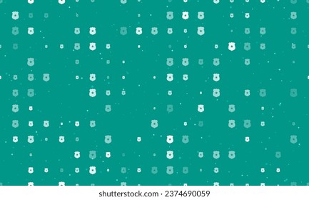 Seamless background pattern of evenly spaced white police badge symbols of different sizes and opacity. Vector illustration on teal background with stars