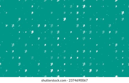 Seamless background pattern of evenly spaced white Voodoo Doll symbols of different sizes and opacity. Vector illustration on teal background with stars