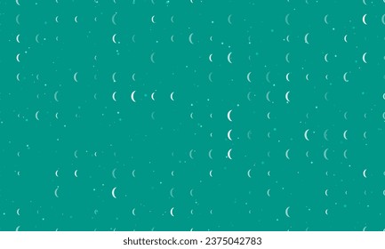Seamless background pattern of evenly spaced white crescent symbols of different sizes and opacity. Vector illustration on teal background with stars