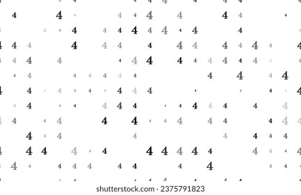 Seamless background pattern of evenly spaced black number four symbols of different sizes and opacity. Vector illustration on white background