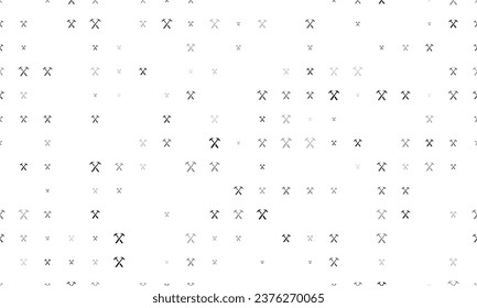 Seamless background pattern of evenly spaced black crossed hammers symbols of different sizes and opacity. Vector illustration on white background