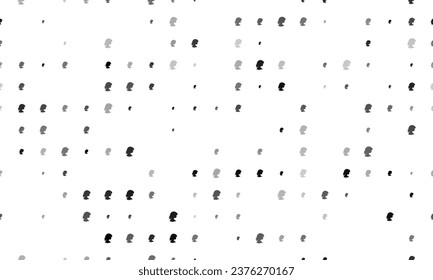 Seamless background pattern of evenly spaced black woman face profile symbols of different sizes and opacity. Vector illustration on white background