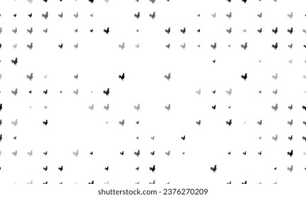 Seamless background pattern of evenly spaced black rooster symbols of different sizes and opacity. Vector illustration on white background
