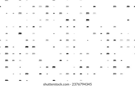 Seamless background pattern of evenly spaced black wild rhino symbols of different sizes and opacity. Vector illustration on white background