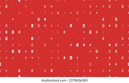 Seamless background pattern of evenly spaced white ace of heart cards of different sizes and opacity. Vector illustration on red background with stars