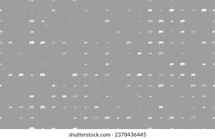 Seamless background pattern of evenly spaced white rhino symbols of different sizes and opacity. Vector illustration on gray background with stars
