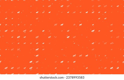 Seamless background pattern of evenly spaced white wolf symbols of different sizes and opacity. Vector illustration on deep orange background with stars