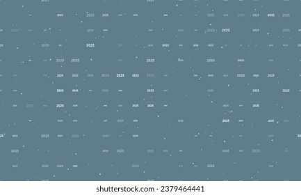 Seamless background pattern of evenly spaced white 2025 year symbols of different sizes and opacity. Vector illustration on blue gray background with stars