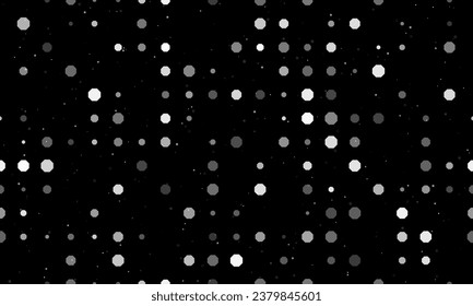Seamless background pattern of evenly spaced white octagon symbols of different sizes and opacity. Vector illustration on black background with stars
