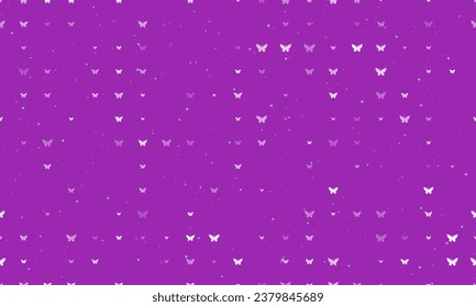 Seamless background pattern of evenly spaced white butterfly symbols of different sizes and opacity. Vector illustration on purple background with stars