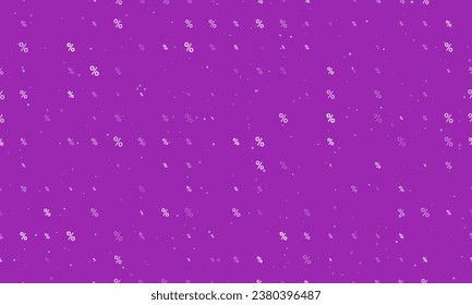 Seamless background pattern of evenly spaced white percent symbols of different sizes and opacity. Vector illustration on purple background with stars