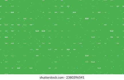 Seamless background pattern of evenly spaced white sofa icons of different sizes and opacity. Vector illustration on green background with stars