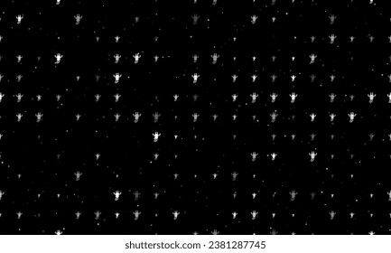 Nahtlose Hintergrundmuster mit gleichmäßig verteilten weißen Giraffenkopfsymbolen unterschiedlicher Größe und Deckkraft. Vektorgrafik auf schwarzem Hintergrund mit Sternen