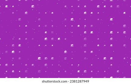 Seamless background pattern of evenly spaced white wild elephant symbols of different sizes and opacity. Vector illustration on purple background with stars