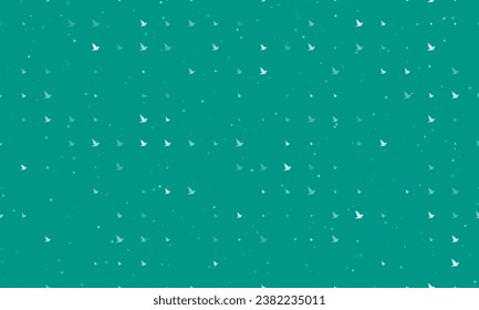 Seamless background pattern of evenly spaced white bird symbols of different sizes and opacity. Vector illustration on teal background with stars