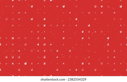 Seamless background pattern of evenly spaced white bird symbols of different sizes and opacity. Vector illustration on red background with stars