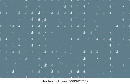 Seamless background pattern of evenly spaced white cat icons of different sizes and opacity. Vector illustration on blue gray background with stars