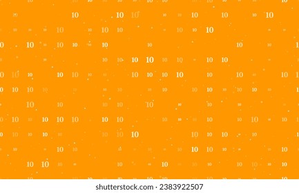 Seamless background pattern of evenly spaced white number ten symbols of different sizes and opacity. Vector illustration on orange background with stars