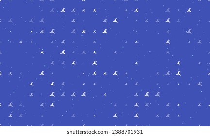 Seamless background pattern of evenly spaced white wizard hat symbols of different sizes and opacity. Vector illustration on indigo background with stars