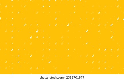 Seamless background pattern of evenly spaced white hare symbols of different sizes and opacity. Vector illustration on amber background with stars
