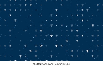 Seamless background pattern of evenly spaced white elephant heads of different sizes and opacity. Vector illustration on dark blue background with stars