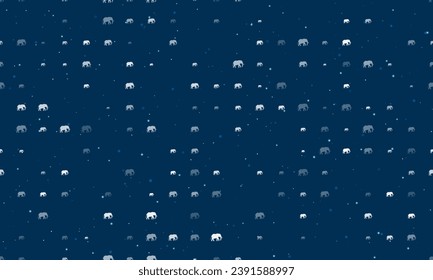 Seamless background pattern of evenly spaced white elephant symbols of different sizes and opacity. Vector illustration on dark blue background with stars