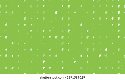 Seamless background pattern of evenly spaced white woman face profile symbols of different sizes and opacity. Vector illustration on light green background with stars