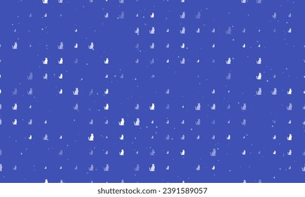 Seamless background pattern of evenly spaced white cat icons of different sizes and opacity. Vector illustration on indigo background with stars